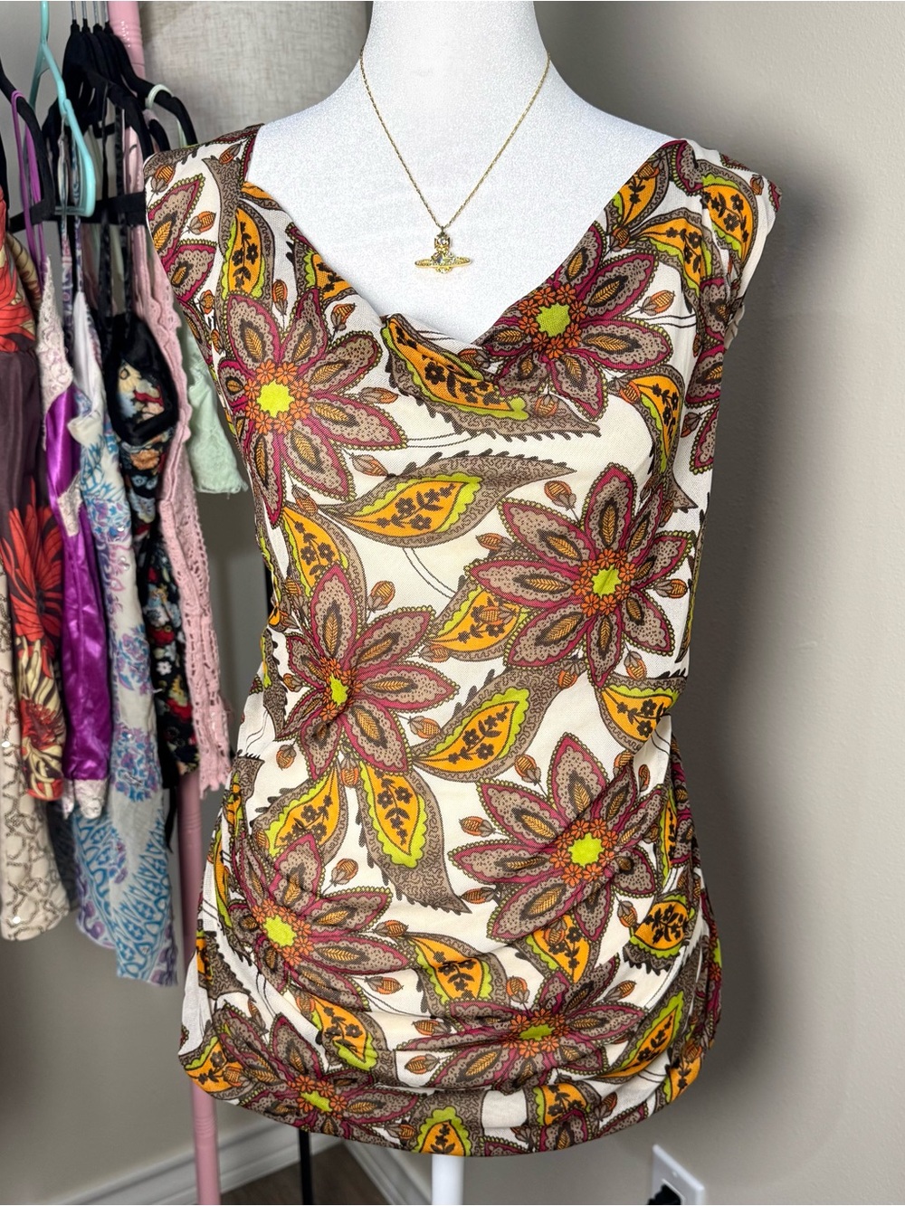 Madison Floral Cowl Neck Sleeveless Yellow Brown Red XL Summer Woman’s Tank Top